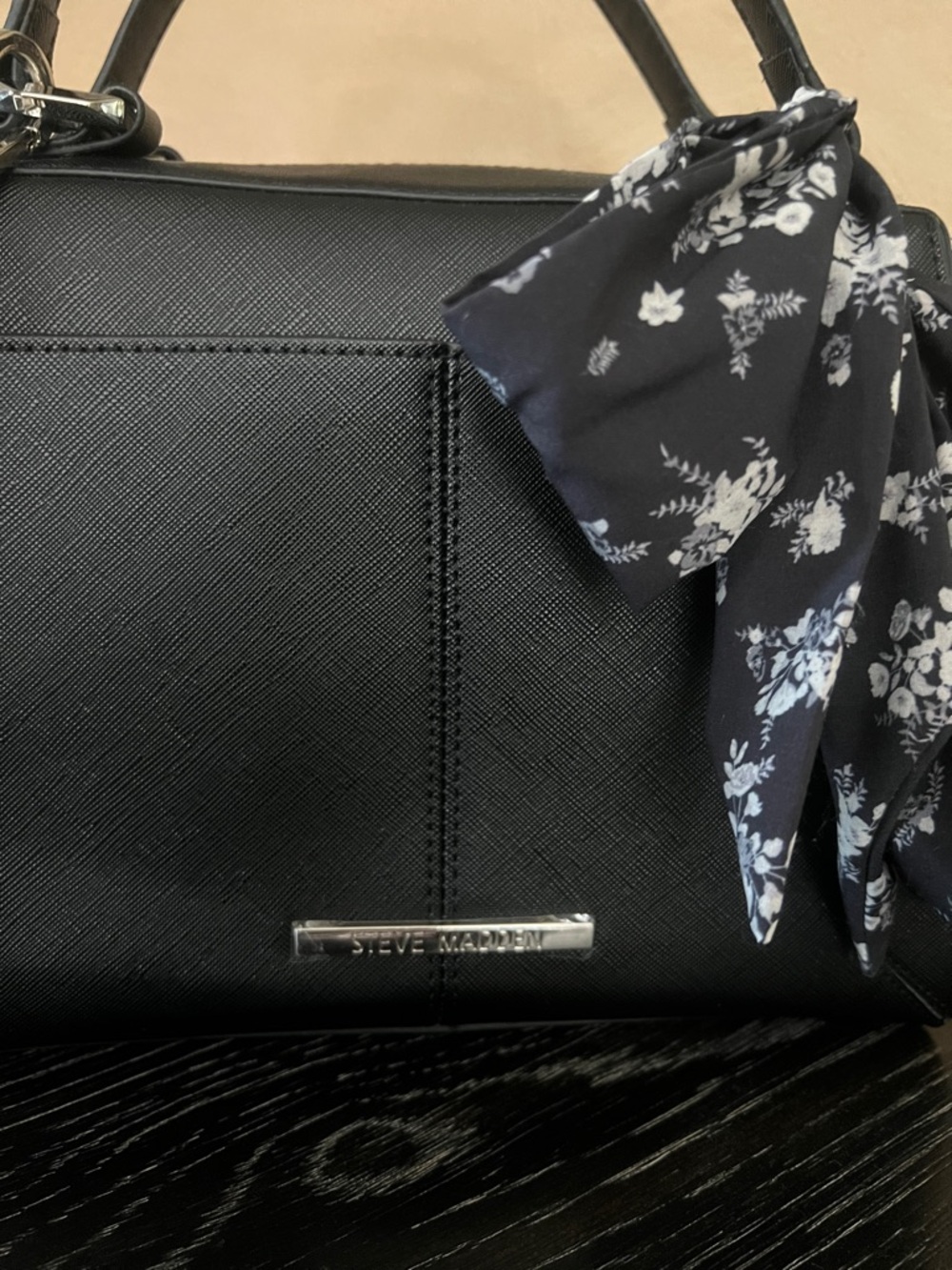 Steve Madden Black Satchel with Floral Scarf Accent